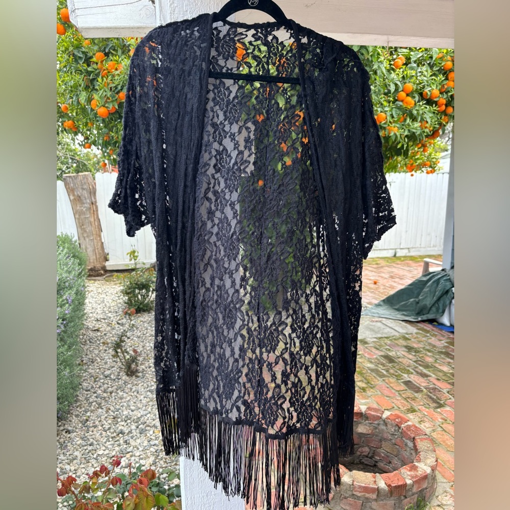 vintage black lace fringe shawl kimono jacket swim pool coverup boho hippie